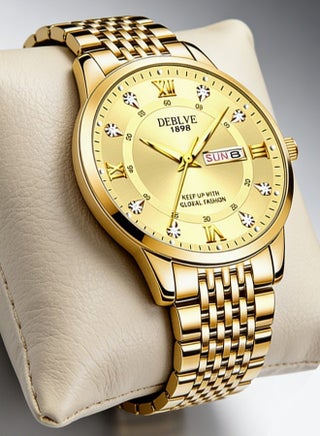 ساعة ذهبية للرجال,ساعة يد للرجال، ساعة رجالية عصرية للأعمال مزودة بعقارب مضيئة، ساعة يد من الفولاذ المقاوم للصدأ، ساعة كوارتز مع عرض اليوم والتاريخ، باللون الذهبي